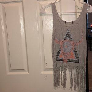 Grey tank top with fringes at the bottom